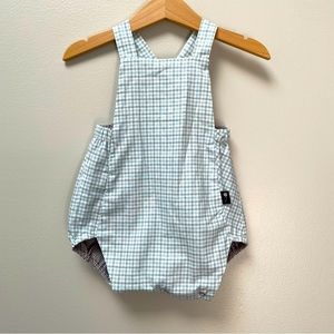 NWOT Classic Childhood romper- blue plaid and mushroom polka dot reversible